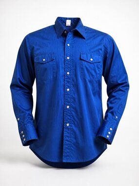 Blue Western Snap Button Shirt Mens Size 16 34 Made In USA Vintage Malco Modes